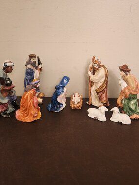 Vintage hand-painted ceramic Nativity set collectible items for Christmas.